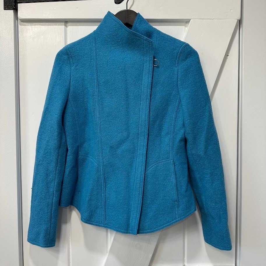 Akris Punto Womens Jacket Size 6 Blue Boiled Wool Asymmetrical Stand Collar New